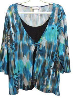 Serengeti Blue Abstract Print 3/4 Sleeve Top Womens Size 2X Black Inset